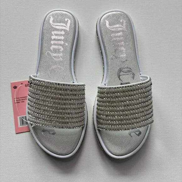 Juicy Couture Women's Yrie White Rhinestone Slides - Picture 2 of 13